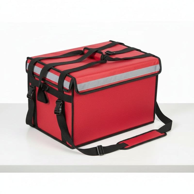 Sac isotherme de livraison rigide couleur rouge, avec bandes réfléchissantes, sangles de renfort et bandoulière rembourrée, idéal pour le transport de repas poser sur une table blanche.