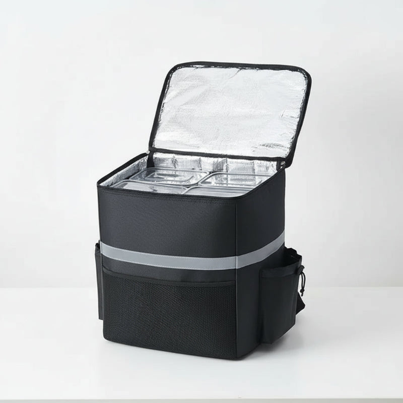 Sac isotherme de livraison noir ouvert, intérieur aluminium isolant avec bacs de rangement, bande réfléchissante et poches latérales.