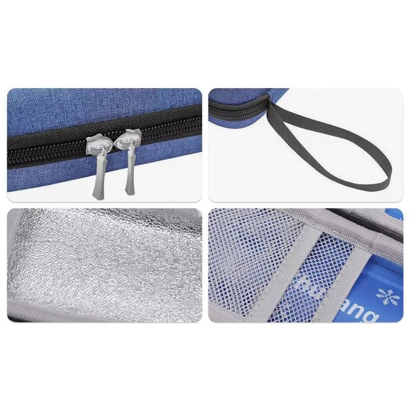 Montage de quatre gros plans montrant les détails d’un étui isotherme médical bleu : fermeture éclair double, sangle de transport noire, doublure intérieure argentée isolante et poche en filet pour accessoires.