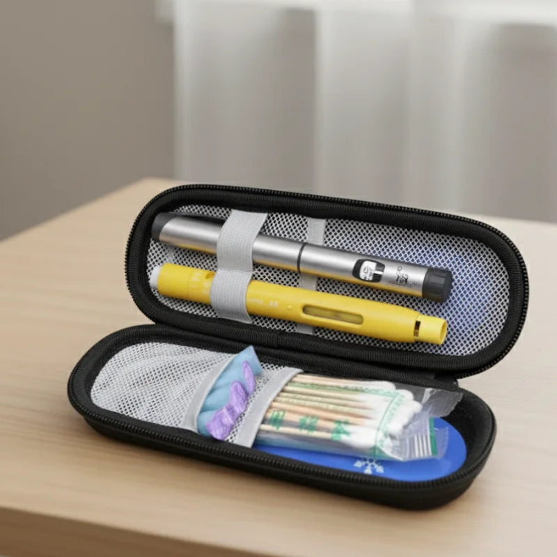 Étui isotherme médical noir ouvert, contenant deux stylos injecteurs d’insuline fixés par des sangles, ainsi que des accessoires de soins rangés dans des pochettes en filet, posé sur une table en bois clair.