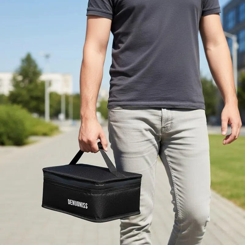 Homme portant un sac isotherme noir en marchant, illustrant un usage quotidien en extérieur.