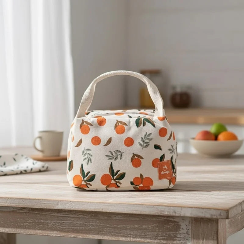 Sac isotherme beige à motifs d’oranges posé sur une table en bois clair, avec des fruits et une tasse en arrière-plan.