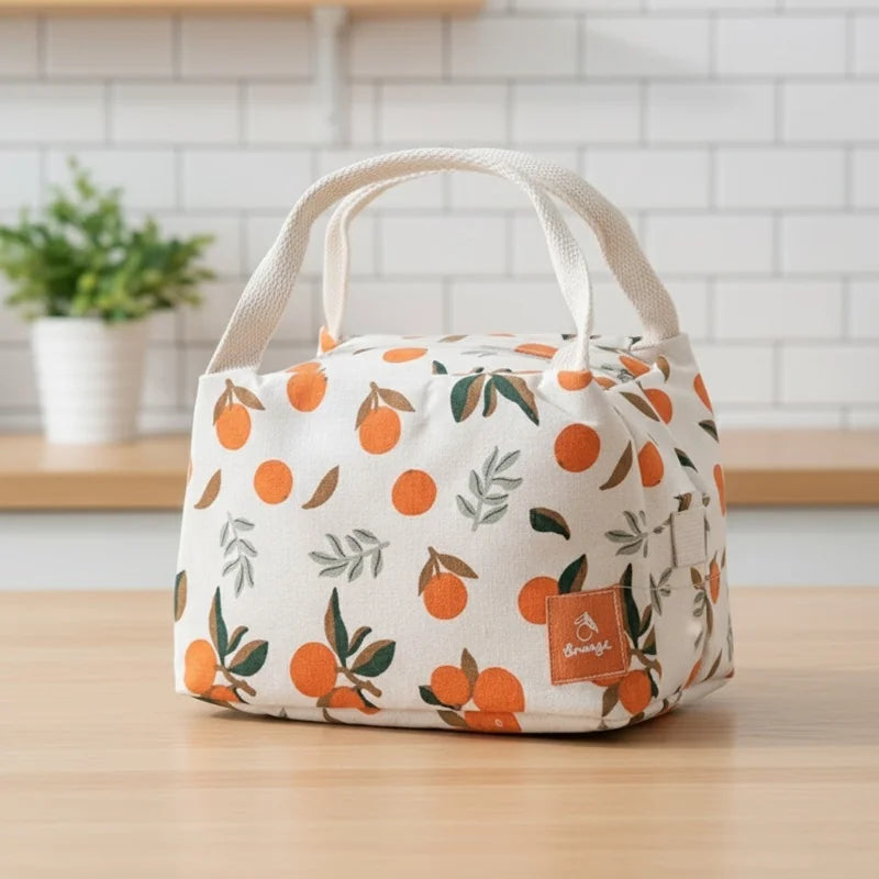 Sac isotherme beige à motifs d’oranges posé sur une table de cuisine en bois clair, fond carrelé blanc.