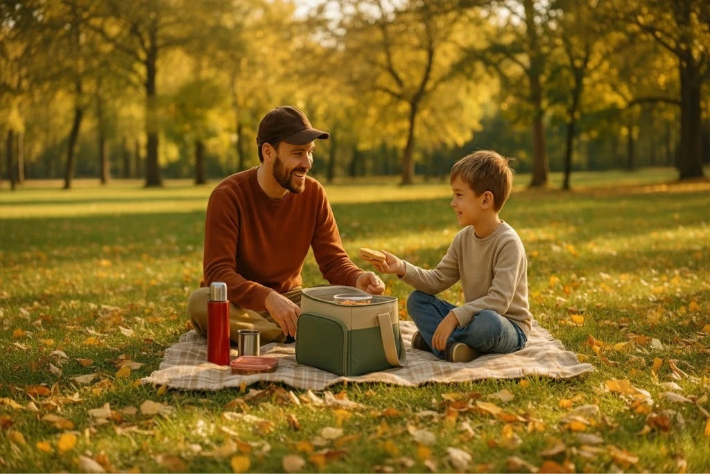 Un père et son fils partagent un moment de pique-nique dans un parc ensoleillé, assis sur une couverture avec un sac isotherme vert, une bouteille et des repas disposés autour d’eux.