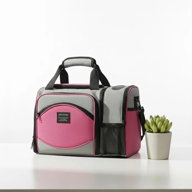 Sac isotherme pique-nique rose et gris posé sur une table blanche, avec poignée renforcée et poche latérale, idéal pour transporter un repas.