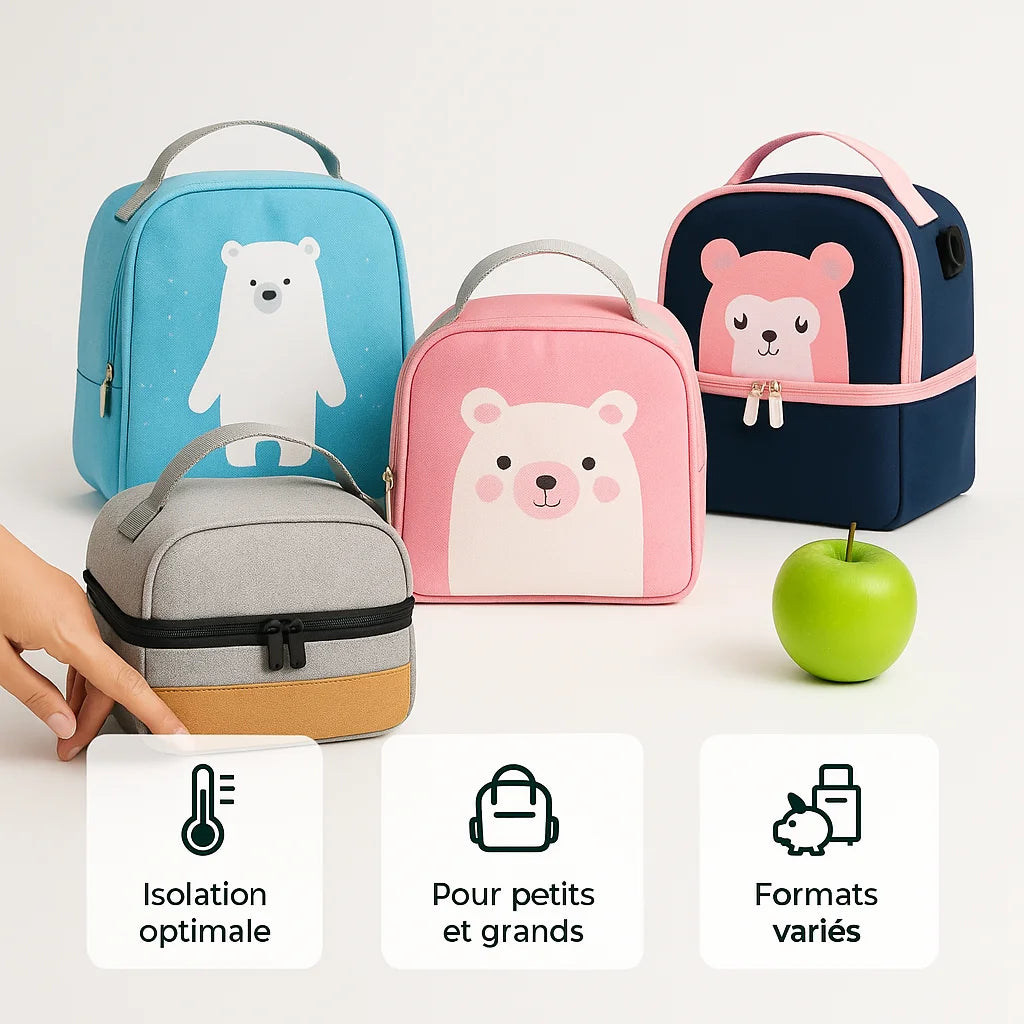 Collection de sacs isothermes colorés pour enfants et adultes, illustrés d’ours polaires et d’ours roses, accompagnée d’icônes indiquant leurs avantages : isolation optimale, usage pour petits et grands, et formats variés.