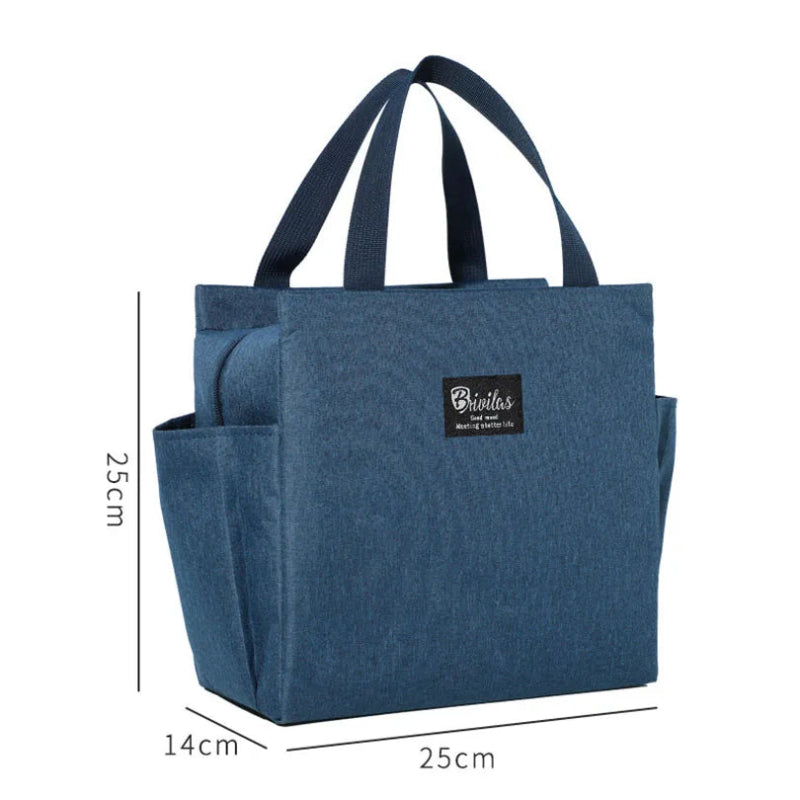 Sac isotherme repas 8L bleu avec poignées, présenté avec dimensions 25 × 25 × 14 cm, format compact conçu pour transporter un déjeuner ou un repas du midi.