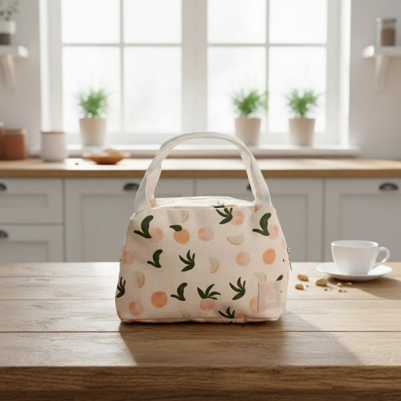 Sac isotherme repas beige avec motifs de pêches et feuilles vertes, posé sur une table en bois dans une cuisine lumineuse.