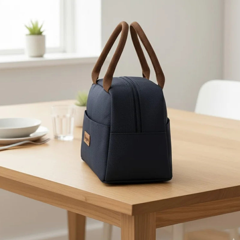 sac isotherme repas bleu marine vu de profil sur une table en bois clair, avec poignées marron et lumière naturelle provenant d’une fenêtre en arrière-plan