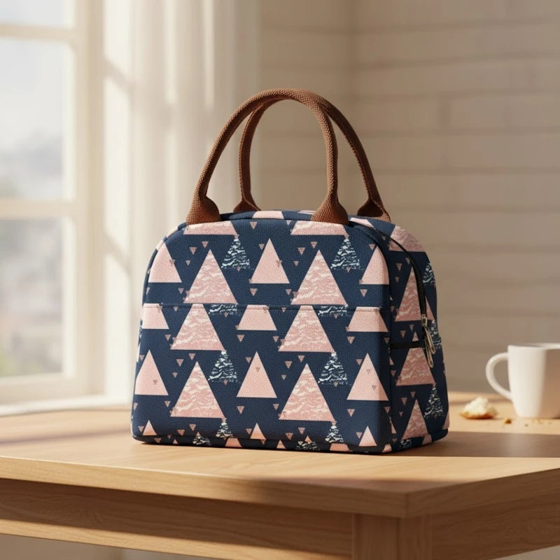 Sac isotherme repas bleu marine à motifs triangles roses, posé sur une table en bois près d’une fenêtre ensoleillée, avec une tasse blanche en arrière-plan.