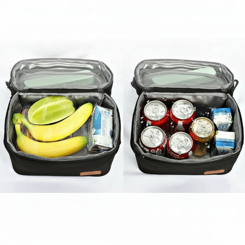 Sac isotherme repas ouvert montrant sa capacité de rangement avec fruits, boîtes alimentaires et canettes, idéal pour transporter un déjeuner et des boissons