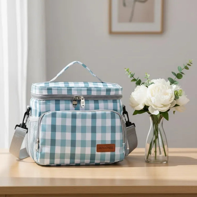 Sac isotherme repas à carreaux vert et blanc posé sur une table en bois, accompagné d’un vase de fleurs blanches dans un intérieur lumineux