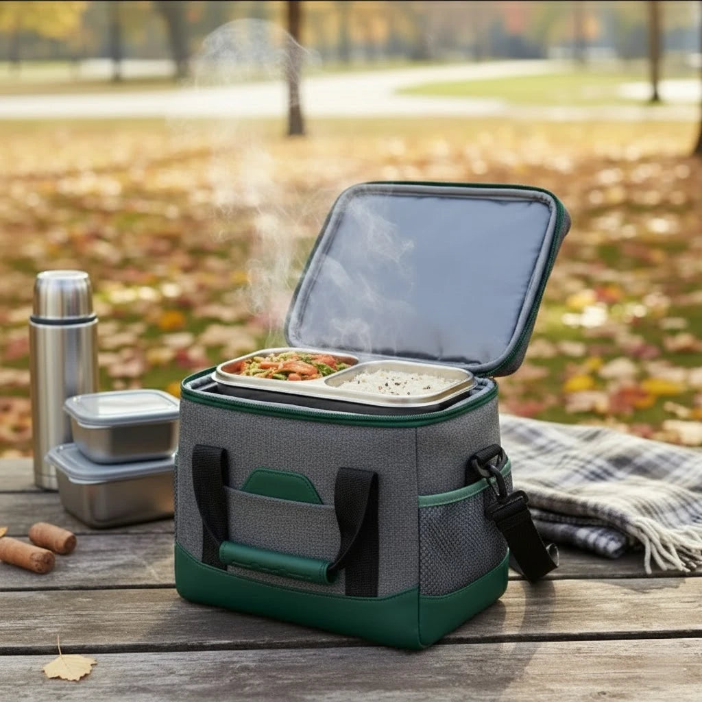 Sac isotherme gris et vert ouvert sur une table de pique-nique, laissant échapper de la vapeur d’un repas chaud, avec une gourde et des boîtes repas en arrière-plan dans un parc automnal.
