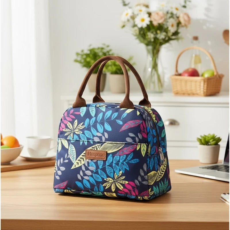 Sac isotherme repas à motifs de feuilles multicolores posé sur un bureau en bois clair, dans une pièce lumineuse avec fleurs, fruits et ordinateur portable.