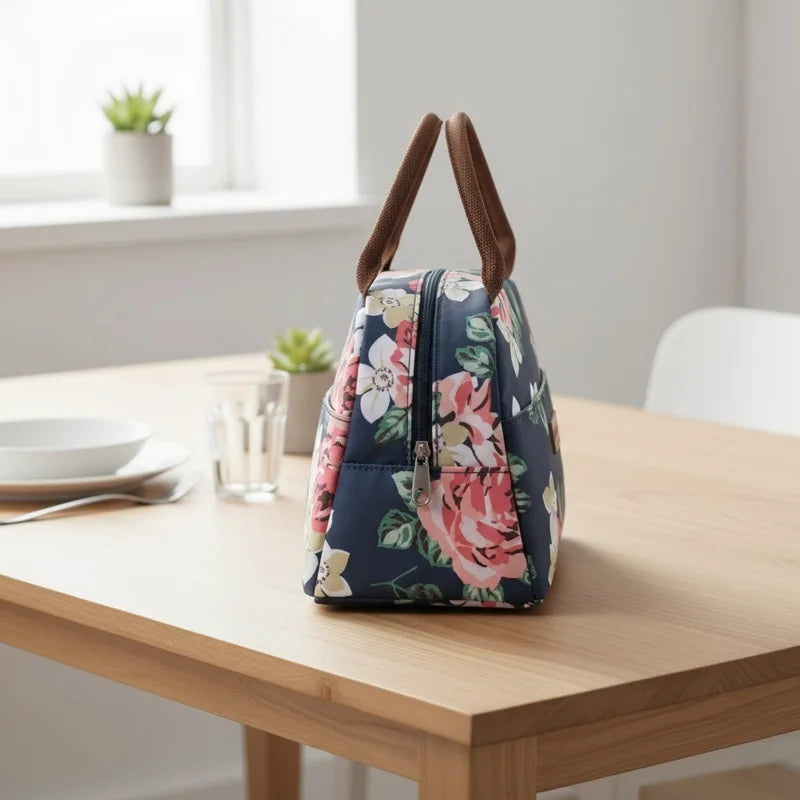 sac isotherme repas bleu marine à motifs floraux roses et blancs, vu de côté sur une table en bois clair près d’une fenêtre lumineuse