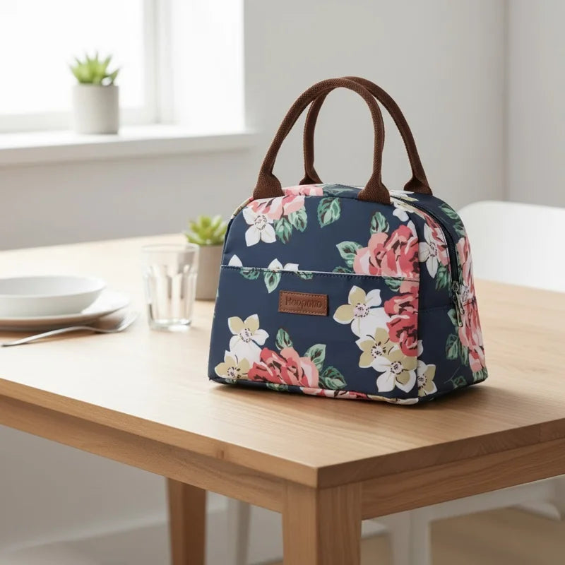 sac isotherme repas bleu marine à motifs floraux roses et blancs, posé sur une table en bois clair avec lumière naturelle et éléments de vaisselle en arrière-plan