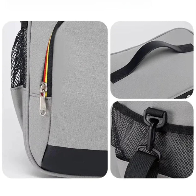 Détails d’un sac isotherme repas gris montrant la fermeture éclair, la poignée supérieure et la poche latérale en mesh.