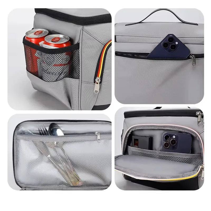 Sac isotherme repas gris avec poches latérales pour boissons et compartiments de rangement pour téléphone, couverts et accessoires.