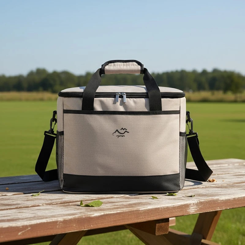 sac isotherme kaki et noir posé sur une table en bois, avec poignée et bandoulière, en extérieur sous un ciel dégagé