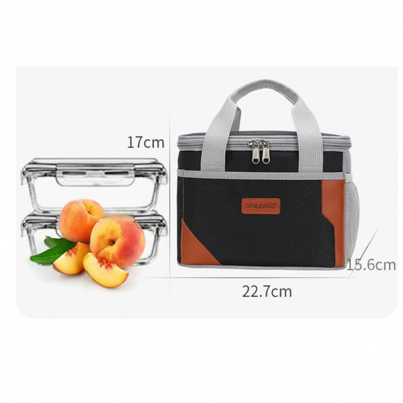 Dimensions d’un sac isotherme repas noir et gris avec boîtes alimentaires en verre et pêches, indiquées en 17 cm, 22,7 cm et 15,6 cm.