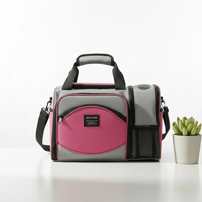 Sac isotherme repas rose et gris posé sur une table blanche, avec poignée renforcée et compartiments latéraux, idéal pour le déjeuner au travail.
