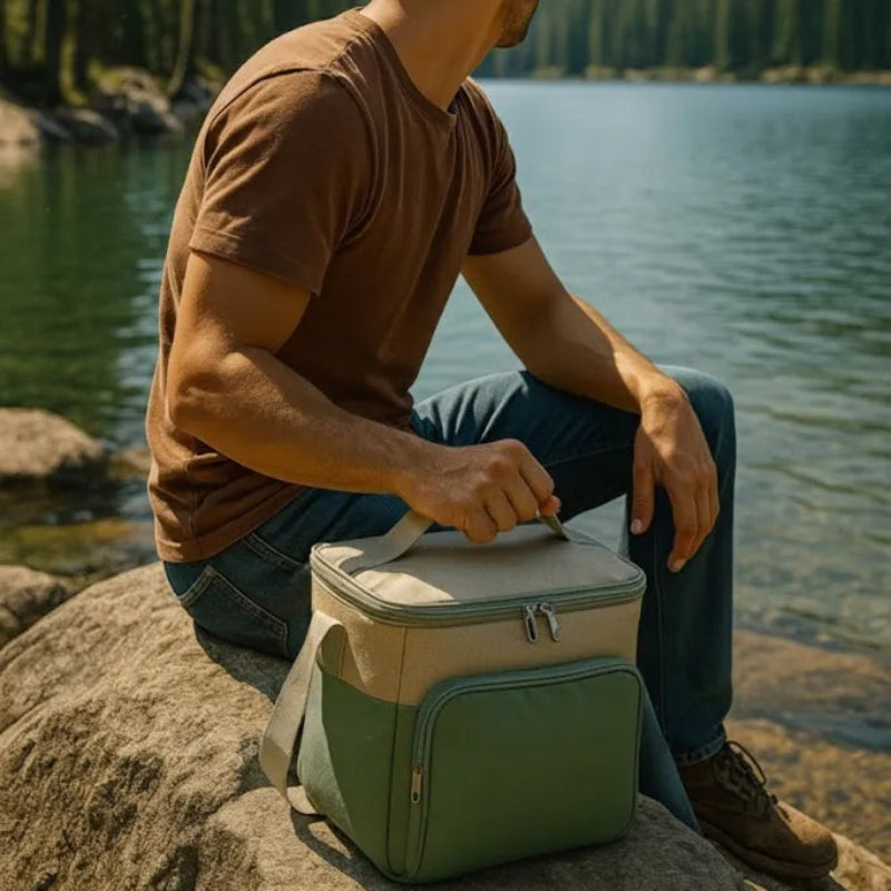 Homme assis sur un rocher au bord d’un lac de montagne, tenant un sac isotherme vert et beige, sous un ciel clair entouré de pins et de montagnes.