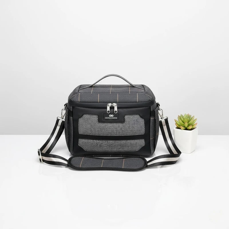 Sac lunch isotherme gris 8L vu de face avec bandoulière réglable et poignée renforcée, idéal pour transporter un repas au travail.