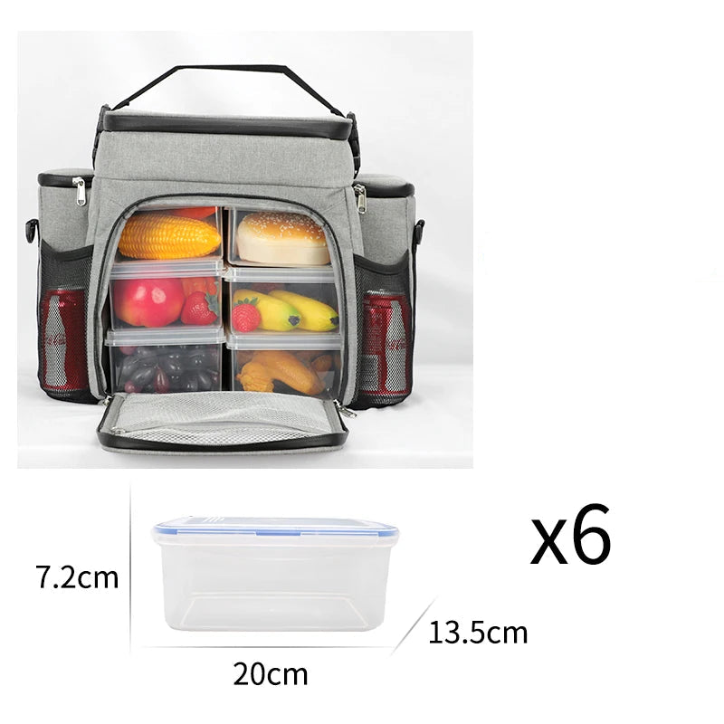 Sac pique-nique isotherme 27L gris montrant six boîtes de rangement 20×13,5×7,2 cm pour organiser les aliments.