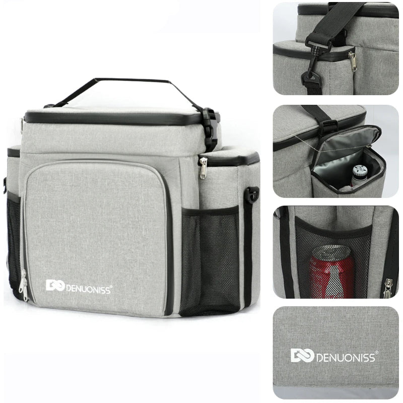 Sac pique-nique isotherme 27L gris présenté avec plusieurs vues montrant les compartiments, poches latérales et rangements pour boissons.