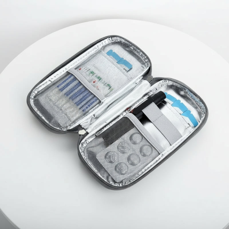 Trousse isotherme ouverte contenant stylos injecteurs, médicaments et poches en maille, avec doublure thermique argentée.